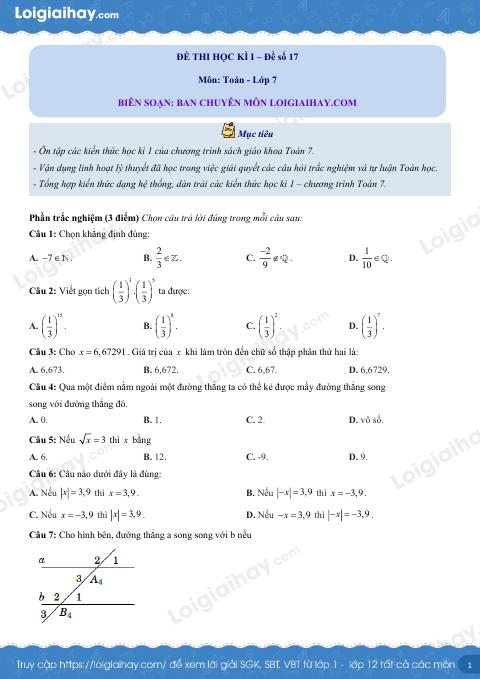 Đề thi học kì 1 Toán 7 Kết nối tri thức - Đề số 17